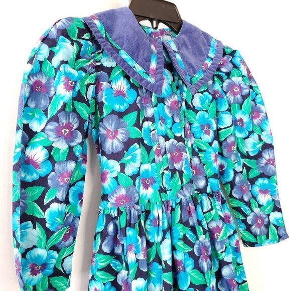 Vintage 80s Girls Dress Sz 10 Floral Pansy Pansies Prairie Cottagecore Blue - Picture 2 of 4